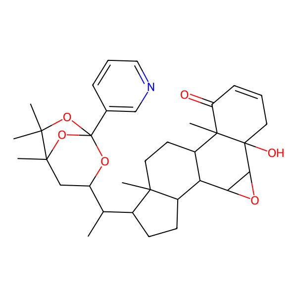 2D Structure of (1S,2S,4S,5R,10R,11S,14R,15R,18S)-5-hydroxy-10,14-dimethyl-15-[(1S)-1-[(1S,3R,5R)-5,6,6-trimethyl-1-pyridin-3-yl-2,7,8-trioxabicyclo[3.2.1]octan-3-yl]ethyl]-3-oxapentacyclo[9.7.0.02,4.05,10.014,18]octadec-7-en-9-one