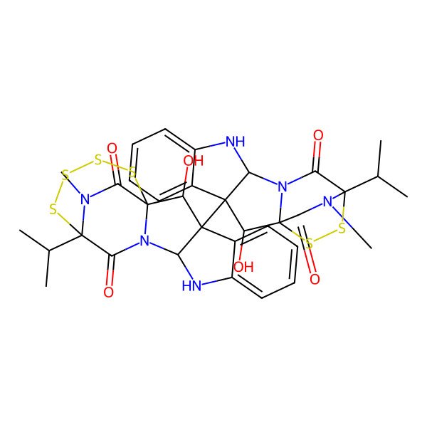 2D Structure of 2-Hydroxy-3-(2-hydroxy-18-methyl-13,17-dioxo-14-propan-2-yl-15,16-dithia-10,12,18-triazapentacyclo[12.2.2.01,12.03,11.04,9]octadeca-4,6,8-trien-3-yl)-20-methyl-14-propan-2-yl-15,16,17,18-tetrathia-10,12,20-triazapentacyclo[12.4.2.01,12.03,11.04,9]icosa-4,6,8-triene-13,19-dione