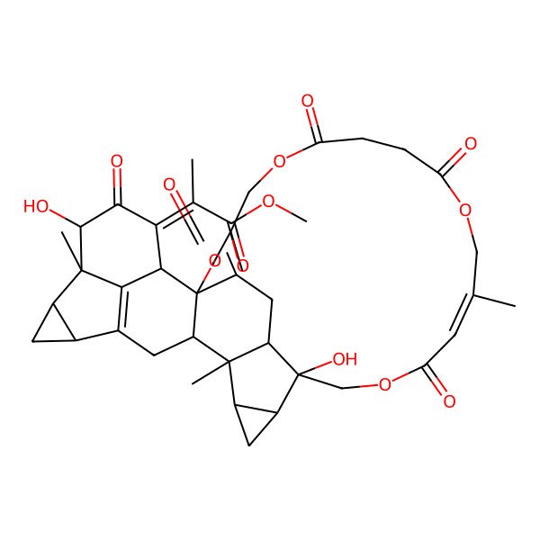 2D Structure of methyl (2Z)-2-[(1S,13E,18S,19R,21S,22R,23S,26S,28R,29R,30S,33R,36R)-18,30-dihydroxy-13,22,29-trimethyl-3,7,10,15,31-pentaoxo-2,6,11,16-tetraoxanonacyclo[16.15.3.125,29.01,23.04,34.019,21.022,36.026,28.033,37]heptatriaconta-4(34),13,25(37)-trien-32-ylidene]propanoate