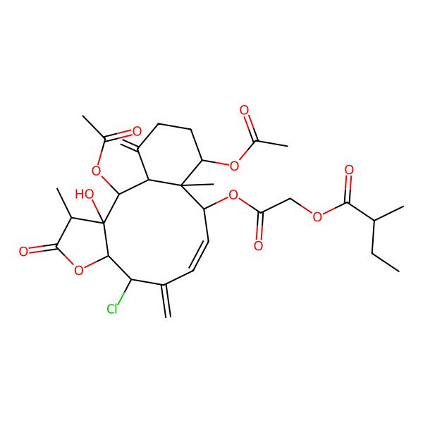 2D Structure of [2-[[(1S,2S,3S,4R,7R,8S,10E,12S,13R,14S)-2,14-diacetyloxy-8-chloro-3-hydroxy-4,13-dimethyl-9,17-dimethylidene-5-oxo-6-oxatricyclo[11.4.0.03,7]heptadec-10-en-12-yl]oxy]-2-oxoethyl] (2S)-2-methylbutanoate
