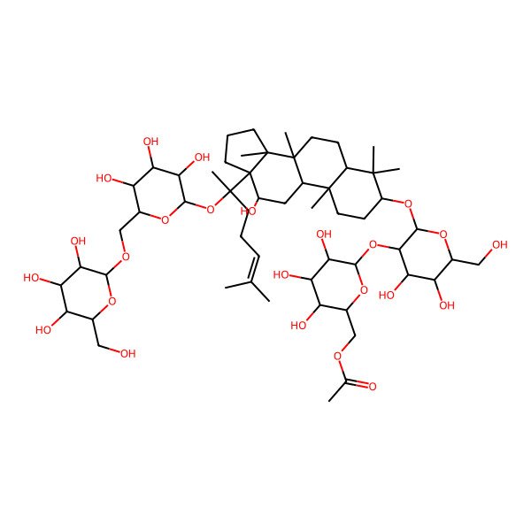 2D Structure of [(2S,3R,4S,5R,6S)-6-[(2R,3S,4R,5S,6R)-4,5-dihydroxy-6-(hydroxymethyl)-2-[[(3R,5R,8S,9R,10S,12S,13S,14R)-12-hydroxy-4,4,8,10,14-pentamethyl-13-[(2R)-6-methyl-2-[(2R,3R,4R,5R,6S)-3,4,5-trihydroxy-6-[[(2S,3R,4S,5R,6S)-3,4,5-trihydroxy-6-(hydroxymethyl)oxan-2-yl]oxymethyl]oxan-2-yl]oxyhept-5-en-2-yl]-1,2,3,5,6,7,9,11,12,15,16,17-dodecahydrocyclopenta[a]phenanthren-3-yl]oxy]oxan-3-yl]oxy-3,4,5-trihydroxyoxan-2-yl]methyl acetate