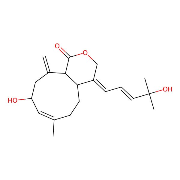 2D Structure of (4E,4aR,7E,9R,11aR)-9-hydroxy-4-[(E)-4-hydroxy-4-methylpent-2-enylidene]-7-methyl-11-methylidene-4a,5,6,9,10,11a-hexahydrocyclonona[c]pyran-1-one