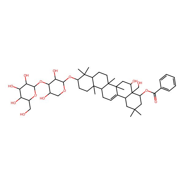 2D Structure of [(4R,4aR,5S,6aR,6aS,6bR,8aR,10S,12aR,14bR)-10-[(2S,3R,4S,5S)-3,5-dihydroxy-4-[(2S,3R,4S,5S,6R)-3,4,5-trihydroxy-6-(hydroxymethyl)oxan-2-yl]oxyoxan-2-yl]oxy-5-hydroxy-4a-(hydroxymethyl)-2,2,6a,6b,9,9,12a-heptamethyl-1,3,4,5,6,6a,7,8,8a,10,11,12,13,14b-tetradecahydropicen-4-yl] benzoate