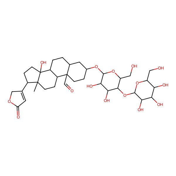 2D Structure of 3-[3,4-dihydroxy-6-(hydroxymethyl)-5-[3,4,5-trihydroxy-6-(hydroxymethyl)oxan-2-yl]oxyoxan-2-yl]oxy-14-hydroxy-13-methyl-17-(5-oxo-2H-furan-3-yl)-1,2,3,4,5,6,7,8,9,11,12,15,16,17-tetradecahydrocyclopenta[a]phenanthrene-10-carbaldehyde