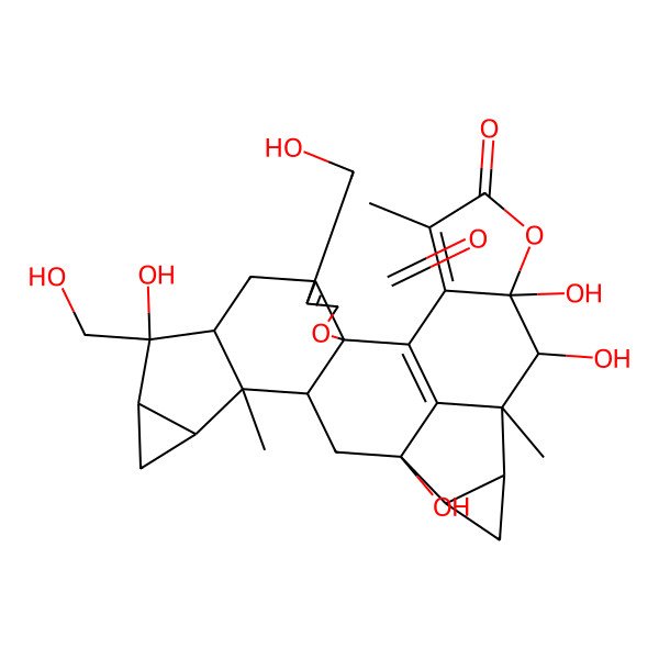 2D Structure of 9,16,21,22-Tetrahydroxy-5,9-bis(hydroxymethyl)-13,20,25-trimethyl-3,23-dioxanonacyclo[14.10.1.02,6.02,14.08,13.010,12.017,19.020,27.022,26]heptacosa-1(27),5,25-triene-4,24-dione
