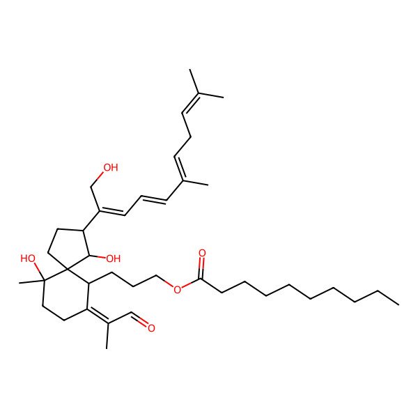 2D Structure of 3-[(3R,4R,5S,6R,7Z,10S)-4,10-dihydroxy-3-[(2E,4E,6E)-1-hydroxy-6,10-dimethylundeca-2,4,6,9-tetraen-2-yl]-10-methyl-7-(1-oxopropan-2-ylidene)spiro[4.5]decan-6-yl]propyl decanoate