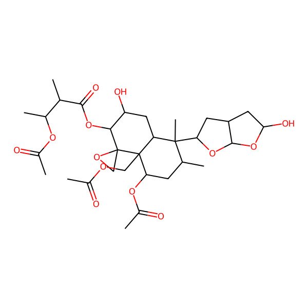 2D Structure of [(1R,2S,3R,4aR,5S,6R,8S,8aR)-5-[(2S,3aS,5S,6aR)-5-hydroxy-2,3,3a,4,5,6a-hexahydrofuro[2,3-b]furan-2-yl]-8-acetyloxy-8a-(acetyloxymethyl)-3-hydroxy-5,6-dimethylspiro[3,4,4a,6,7,8-hexahydro-2H-naphthalene-1,2'-oxirane]-2-yl] (2R,3S)-3-acetyloxy-2-methylbutanoate