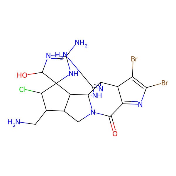 2D Structure of 2,3'-Diamino-15'-(aminomethyl)-7',8'-dibromo-16'-chloro-4-hydroxyspiro[1,4-dihydroimidazole-5,17'-2,4,9,12-tetrazapentacyclo[10.6.0.01,5.06,10.014,18]octadeca-3,7,9-triene]-11'-one