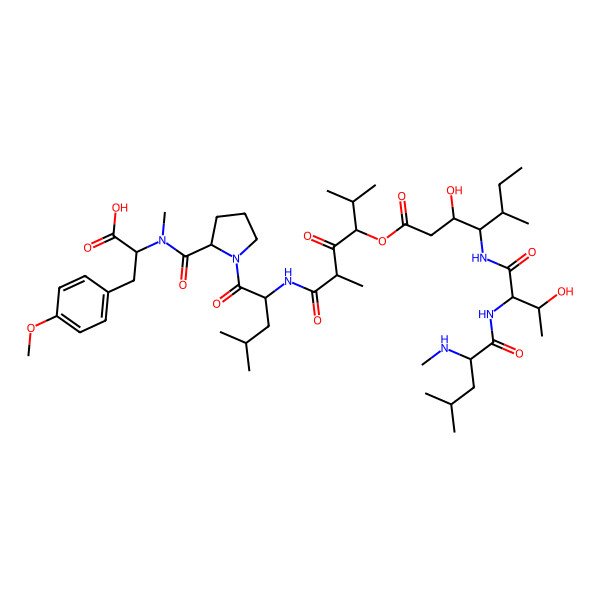 2D Structure of (2S)-2-[[(2S)-1-[(2S)-2-[[(2S,4S)-4-[(3S,4S,5S)-3-hydroxy-4-[[(2S,3R)-3-hydroxy-2-[[(2R)-4-methyl-2-(methylamino)pentanoyl]amino]butanoyl]amino]-5-methylheptanoyl]oxy-2,5-dimethyl-3-oxohexanoyl]amino]-4-methylpentanoyl]pyrrolidine-2-carbonyl]-methylamino]-3-(4-methoxyphenyl)propanoic acid