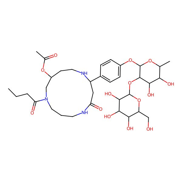 2D Structure of [(2S,11R)-9-butanoyl-2-[4-[(2S,3R,4R,5R,6S)-4,5-dihydroxy-6-methyl-3-[(2S,3R,4S,5S,6R)-3,4,5-trihydroxy-6-(hydroxymethyl)oxan-2-yl]oxyoxan-2-yl]oxyphenyl]-4-oxo-1,5,9-triazacyclotridec-11-yl] acetate