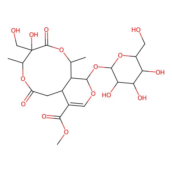 2D Structure of methyl (1S,8aS,12S,12aS)-4-hydroxy-4-(hydroxymethyl)-1,5-dimethyl-3,7-dioxo-12-[(2S,3R,4S,5S,6R)-3,4,5-trihydroxy-6-(hydroxymethyl)oxan-2-yl]oxy-1,5,8,8a,12,12a-hexahydropyrano[3,4-g][1,5]dioxecine-9-carboxylate