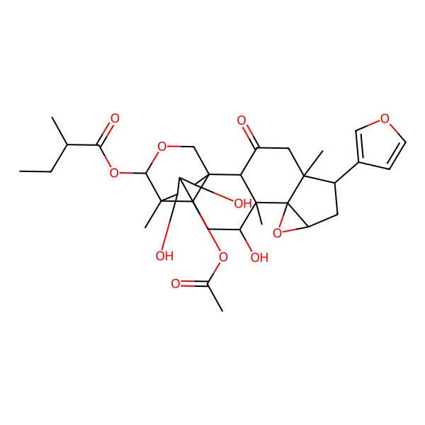 2D Structure of [20-Acetyloxy-6-(furan-3-yl)-12,19,21-trihydroxy-5,11,15-trimethyl-3-oxo-9,17-dioxahexacyclo[13.3.3.01,14.02,11.05,10.08,10]henicosan-16-yl] 2-methylbutanoate