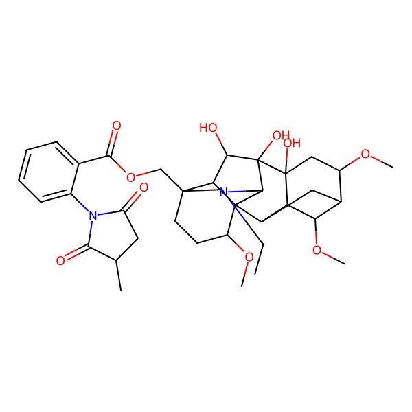 2D Structure of (11-Ethyl-8,9,18-trihydroxy-4,6,16-trimethoxy-11-azahexacyclo[7.7.2.12,5.01,10.03,8.013,17]nonadecan-13-yl)methyl 2-(3-methyl-2,5-dioxopyrrolidin-1-yl)benzoate