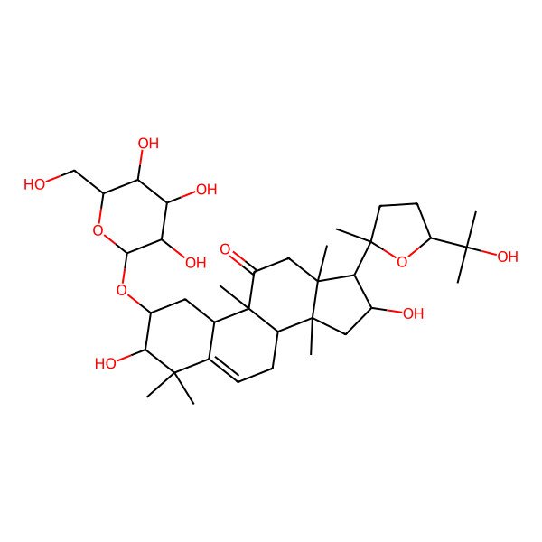 2D Structure of 3,16-Dihydroxy-17-[5-(2-hydroxypropan-2-yl)-2-methyloxolan-2-yl]-4,4,9,13,14-pentamethyl-2-[3,4,5-trihydroxy-6-(hydroxymethyl)oxan-2-yl]oxy-1,2,3,7,8,10,12,15,16,17-decahydrocyclopenta[a]phenanthren-11-one