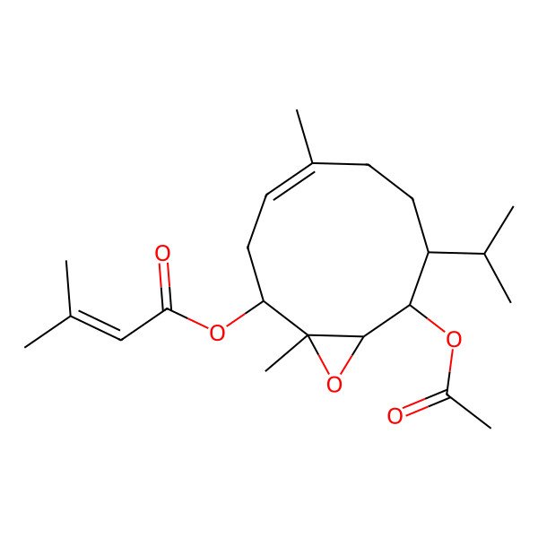 2D Structure of [(1R,2S,4E,8S,9R,10R)-9-acetyloxy-1,5-dimethyl-8-propan-2-yl-11-oxabicyclo[8.1.0]undec-4-en-2-yl] 3-methylbut-2-enoate