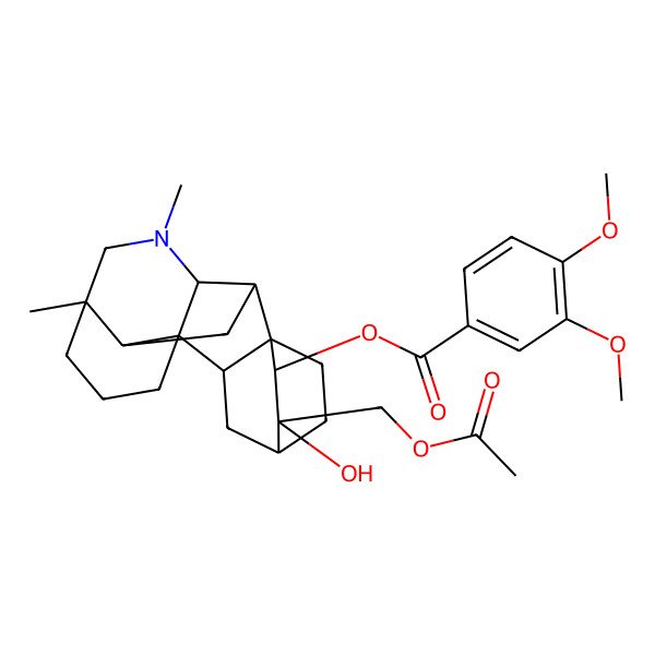 2D Structure of [(1S,5R,8R,9R,10R,11S,12R,13S,15S,16R)-12-(acetyloxymethyl)-12-hydroxy-5,7-dimethyl-7-azahexacyclo[7.6.2.210,13.01,8.05,16.010,15]nonadecan-11-yl] 3,4-dimethoxybenzoate