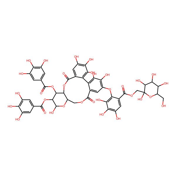 2D Structure of [(3S,4R,5S,6R)-2,3,4,5-tetrahydroxy-6-(hydroxymethyl)oxan-2-yl]methyl 2-[[(10R,11S,12R,13R,15R)-3,4,5,13,22,23-hexahydroxy-8,18-dioxo-11,12-bis[(3,4,5-trihydroxybenzoyl)oxy]-9,14,17-trioxatetracyclo[17.4.0.02,7.010,15]tricosa-1(23),2,4,6,19,21-hexaen-21-yl]oxy]-3,4,5-trihydroxybenzoate