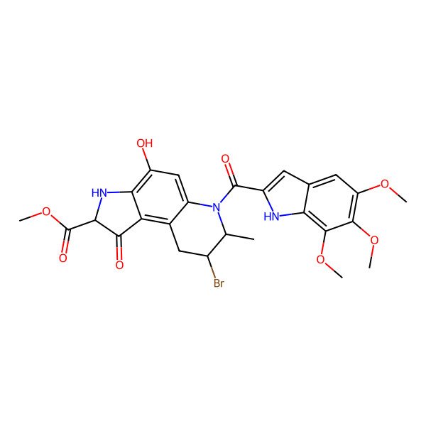 2D Structure of Methyl (2r,7r,8s)-8-bromo-4-hydroxy-7-methyl-1-oxo-6-(5,6,7-trimethoxy1H-indole-2-carbonyl)-3,7,8,9-tetrahydro-2H-pyrido[3,2-e]indole-2-carboxylate