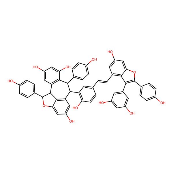 2D Structure of (1S,8R,9R,16S)-9-[5-[(E)-2-[3-(3,5-dihydroxyphenyl)-6-hydroxy-2-(4-hydroxyphenyl)-1-benzofuran-4-yl]ethenyl]-2-hydroxyphenyl]-8,16-bis(4-hydroxyphenyl)-15-oxatetracyclo[8.6.1.02,7.014,17]heptadeca-2(7),3,5,10(17),11,13-hexaene-4,6,12-triol