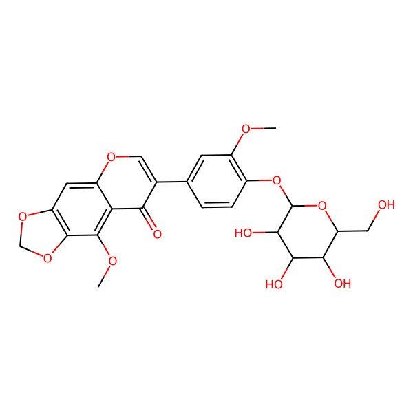 2D Structure of 9-Methoxy-7-[3-methoxy-4-[3,4,5-trihydroxy-6-(hydroxymethyl)oxan-2-yl]oxyphenyl]-[1,3]dioxolo[4,5-g]chromen-8-one