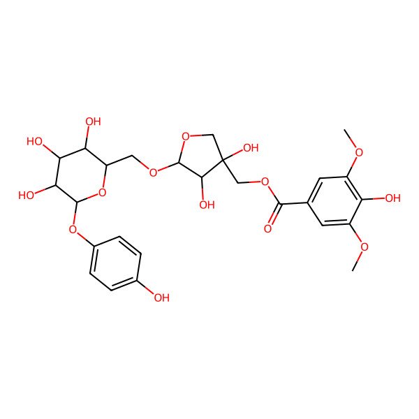 2D Structure of [(3S,4R,5R)-3,4-dihydroxy-5-[[(2R,3S,4S,5R,6S)-3,4,5-trihydroxy-6-(4-hydroxyphenoxy)oxan-2-yl]methoxy]oxolan-3-yl]methyl 4-hydroxy-3,5-dimethoxybenzoate