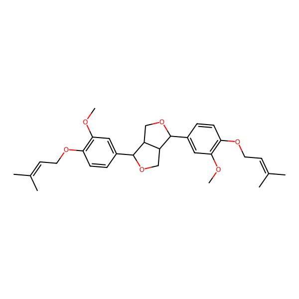 2D Structure of 3,6-Bis[3-methoxy-4-(3-methylbut-2-enoxy)phenyl]-1,3,3a,4,6,6a-hexahydrofuro[3,4-c]furan
