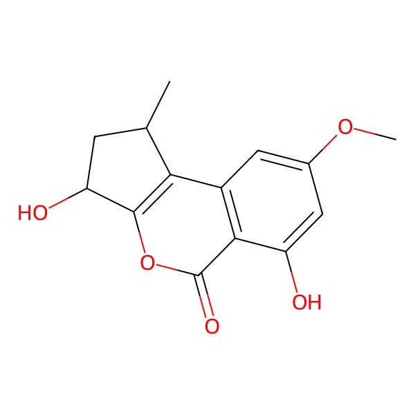 2D Structure of 3,6-dihydroxy-8-methoxy-1-methyl-2,3-dihydro-1H-cyclopenta[c]isochromen-5-one