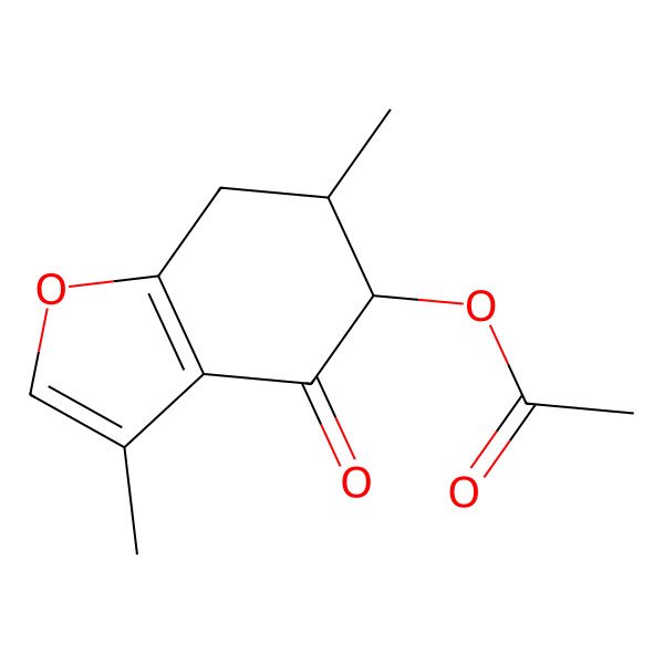 2D Structure of (3,6-dimethyl-4-oxo-6,7-dihydro-5H-1-benzofuran-5-yl) acetate