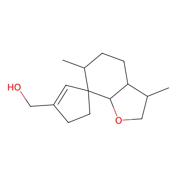 2D Structure of (3,6-dimethylspiro[3,3a,4,5,6,7a-hexahydro-2H-1-benzofuran-7,3'-cyclopentene]-1'-yl)methanol