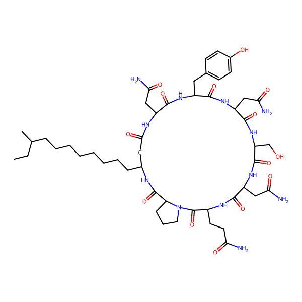 2D Structure of 3-[(3S,6S,9S,12R,15R,18R,22R,25R)-6,12,18-tris(2-amino-2-oxoethyl)-9-(hydroxymethyl)-15-[(4-hydroxyphenyl)methyl]-22-[(9S)-9-methylundecyl]-2,5,8,11,14,17,20,24-octaoxo-1,4,7,10,13,16,19,23-octazabicyclo[23.3.0]octacosan-3-yl]propanamide