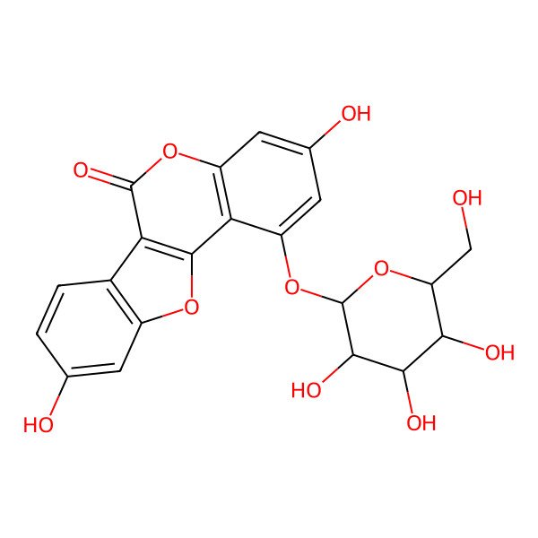 2D Structure of 3,9-dihydroxy-1-[(2S,3R,4S,5S,6R)-3,4,5-trihydroxy-6-(hydroxymethyl)oxan-2-yl]oxy-[1]benzofuro[3,2-c]chromen-6-one
