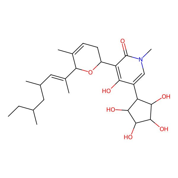 2D Structure of 3-[6-[(E)-4,6-dimethyloct-2-en-2-yl]-5-methyl-3,6-dihydro-2H-pyran-2-yl]-4-hydroxy-1-methyl-5-(2,3,4,5-tetrahydroxycyclopentyl)pyridin-2-one