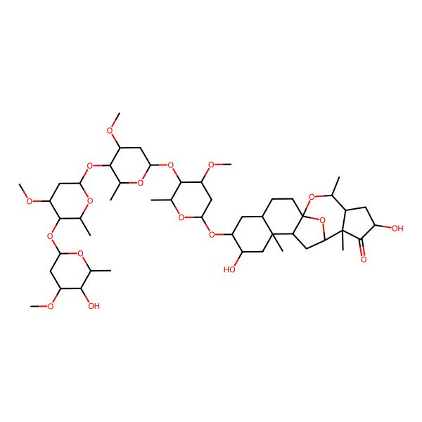 2D Structure of 7,15-Dihydroxy-6-[5-[5-[5-(5-hydroxy-4-methoxy-6-methyloxan-2-yl)oxy-4-methoxy-6-methyloxan-2-yl]oxy-4-methoxy-6-methyloxan-2-yl]oxy-4-methoxy-6-methyloxan-2-yl]oxy-9,13,18-trimethyl-19,20-dioxapentacyclo[10.7.1.01,10.04,9.013,17]icosan-14-one
