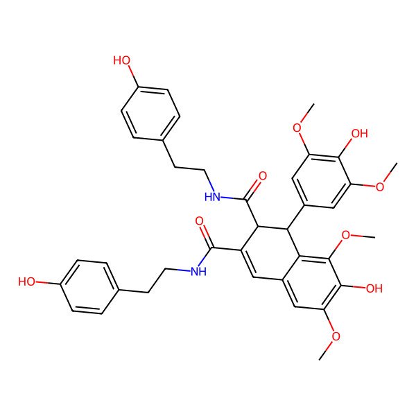2D Structure of (1S,2S)-7-hydroxy-1-(4-hydroxy-3,5-dimethoxyphenyl)-2-N,3-N-bis[2-(4-hydroxyphenyl)ethyl]-6,8-dimethoxy-1,2-dihydronaphthalene-2,3-dicarboxamide