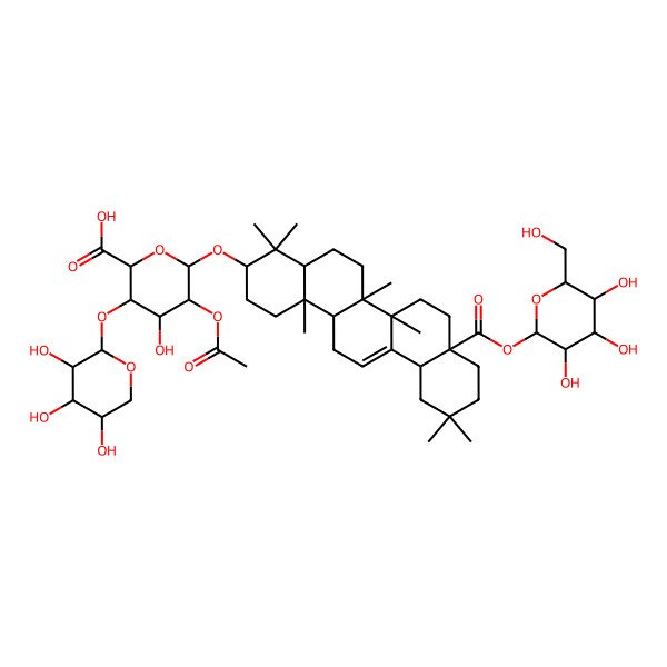 2D Structure of (2S,3S,4S,5R,6R)-6-[[(3S,4aR,6aR,6bS,8aS,12aS,14aR,14bR)-4,4,6a,6b,11,11,14b-heptamethyl-8a-[(2S,3R,4S,5S,6R)-3,4,5-trihydroxy-6-(hydroxymethyl)oxan-2-yl]oxycarbonyl-1,2,3,4a,5,6,7,8,9,10,12,12a,14,14a-tetradecahydropicen-3-yl]oxy]-5-acetyloxy-4-hydroxy-3-[(2S,3R,4S,5S)-3,4,5-trihydroxyoxan-2-yl]oxyoxane-2-carboxylic acid