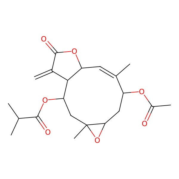 2D Structure of [(1R,2R,4R,6R,8S,9E,11R)-8-acetyloxy-4,9-dimethyl-14-methylidene-13-oxo-5,12-dioxatricyclo[9.3.0.04,6]tetradec-9-en-2-yl] 2-methylpropanoate