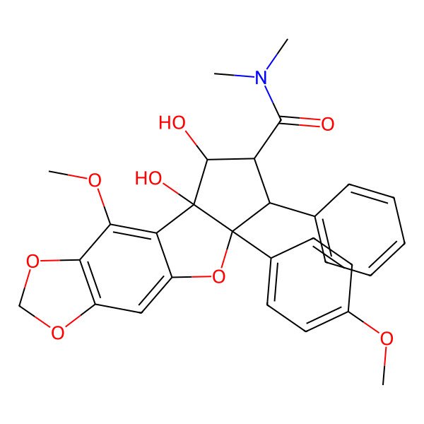 2D Structure of 10,11-dihydroxy-8-methoxy-14-(4-methoxyphenyl)-N,N-dimethyl-13-phenyl-4,6,15-trioxatetracyclo[7.6.0.03,7.010,14]pentadeca-1,3(7),8-triene-12-carboxamide