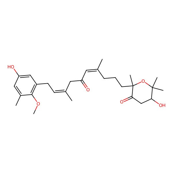 2D Structure of (2R,5S)-5-hydroxy-2-[(4Z,8E)-10-(5-hydroxy-2-methoxy-3-methylphenyl)-4,8-dimethyl-6-oxodeca-4,8-dienyl]-2,6,6-trimethyloxan-3-one