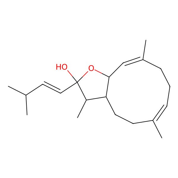 2D Structure of 3,6,10-trimethyl-2-(3-methylbut-1-enyl)-3a,4,5,8,9,11a-hexahydro-3H-cyclodeca[b]furan-2-ol