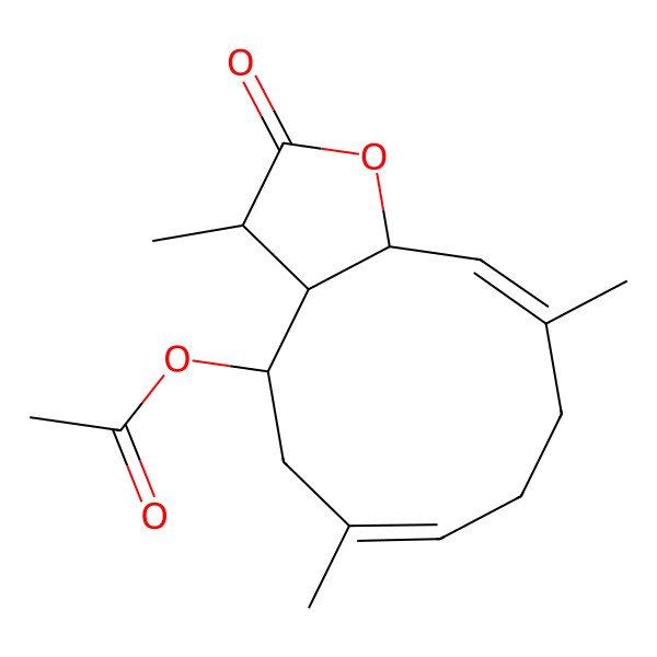 2D Structure of (3,6,10-trimethyl-2-oxo-3a,4,5,8,9,11a-hexahydro-3H-cyclodeca[b]furan-4-yl) acetate