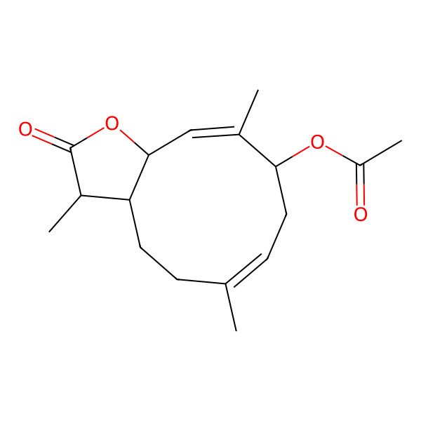 2D Structure of (3,6,10-trimethyl-2-oxo-3a,4,5,8,9,11a-hexahydro-3H-cyclodeca[b]furan-9-yl) acetate