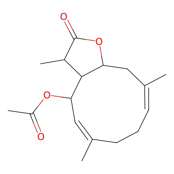 2D Structure of (3,6,10-trimethyl-2-oxo-3a,4,7,8,11,11a-hexahydro-3H-cyclodeca[b]furan-4-yl) acetate
