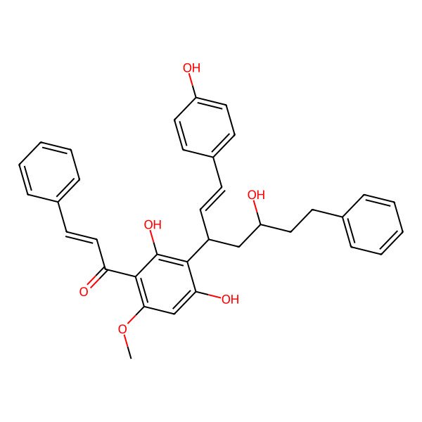 2D Structure of 1-[2,4-Dihydroxy-3-[5-hydroxy-1-(4-hydroxyphenyl)-7-phenylhept-1-en-3-yl]-6-methoxyphenyl]-3-phenylprop-2-en-1-one