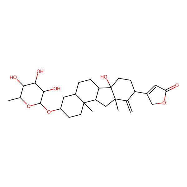 2D Structure of 3-[(3S,4aR,6aR,6bS,9S,10aR,11aS,11bS)-6b-hydroxy-10a,11b-dimethyl-10-methylidene-3-[(2R,3R,4R,5R,6S)-3,4,5-trihydroxy-6-methyloxan-2-yl]oxy-2,3,4,4a,5,6,6a,7,8,9,11,11a-dodecahydro-1H-benzo[a]fluoren-9-yl]-2H-furan-5-one