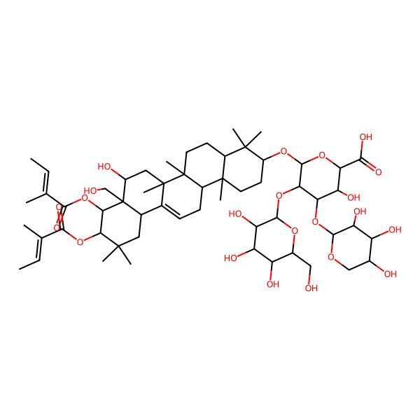 2D Structure of 3-Hydroxy-6-[[8-hydroxy-8a-(hydroxymethyl)-4,4,6a,6b,11,11,14b-heptamethyl-9,10-bis(2-methylbut-2-enoyloxy)-1,2,3,4a,5,6,7,8,9,10,12,12a,14,14a-tetradecahydropicen-3-yl]oxy]-5-[3,4,5-trihydroxy-6-(hydroxymethyl)oxan-2-yl]oxy-4-(3,4,5-trihydroxyoxan-2-yl)oxyoxane-2-carboxylic acid
