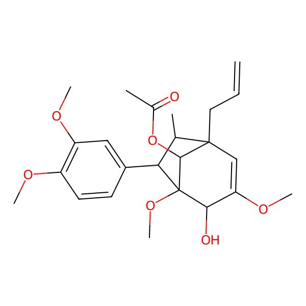 2D Structure of [(1S,4R,5S,6S,7R,8R)-6-(3,4-dimethoxyphenyl)-4-hydroxy-3,5-dimethoxy-7-methyl-1-prop-2-enyl-8-bicyclo[3.2.1]oct-2-enyl] acetate