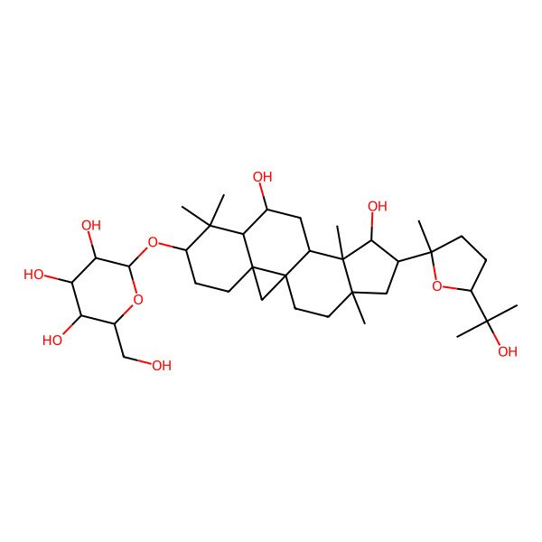 2D Structure of 2-[[9,13-Dihydroxy-14-[5-(2-hydroxypropan-2-yl)-2-methyloxolan-2-yl]-7,7,12,16-tetramethyl-6-pentacyclo[9.7.0.01,3.03,8.012,16]octadecanyl]oxy]-6-(hydroxymethyl)oxane-3,4,5-triol