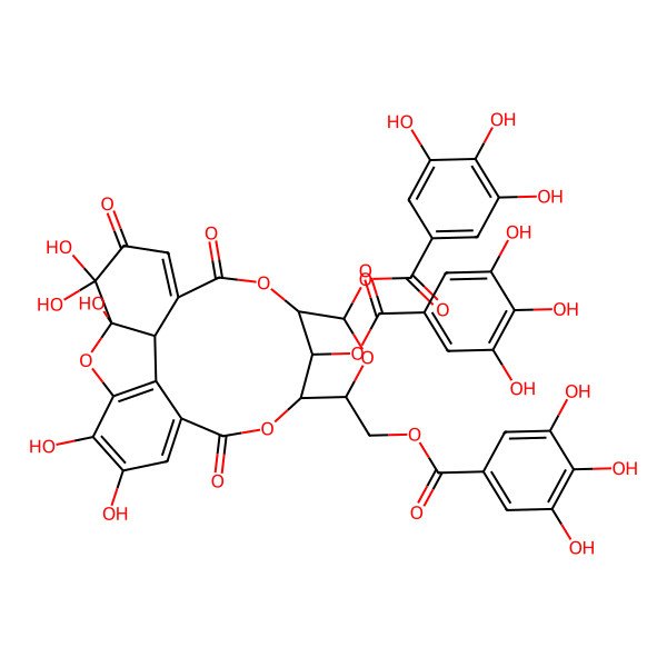 2D Structure of [(1R,8S,9S,18R,19R,21S,22S)-7,7,8,12,13-pentahydroxy-3,6,16-trioxo-21,22-bis[(3,4,5-trihydroxybenzoyl)oxy]-2,17,20,23-tetraoxapentacyclo[16.3.1.18,11.04,9.010,15]tricosa-4,10,12,14-tetraen-19-yl]methyl 3,4,5-trihydroxybenzoate