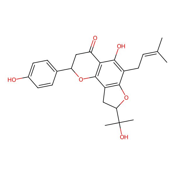 2D Structure of (2S,8S)-5-hydroxy-2-(4-hydroxyphenyl)-8-(2-hydroxypropan-2-yl)-6-(3-methylbut-2-enyl)-2,3,8,9-tetrahydrofuro[2,3-h]chromen-4-one