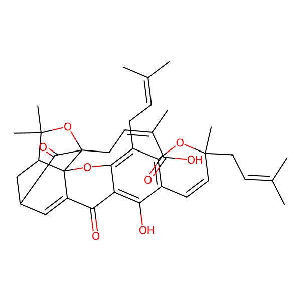 2D Structure of (Z)-4-[(1S,2S,8R,17S,19R)-12-hydroxy-8,21,21-trimethyl-5,8-bis(3-methylbut-2-enyl)-14,18-dioxo-3,7,20-trioxahexacyclo[15.4.1.02,15.02,19.04,13.06,11]docosa-4(13),5,9,11,15-pentaen-19-yl]-2-methylbut-2-enoic acid
